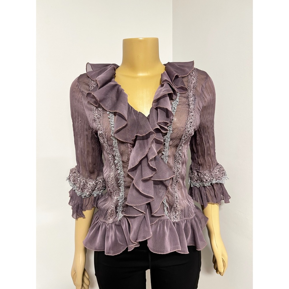 Y2K 2000 Alexandra Rosati WITCHY FAIRY Mauve Purple Crinkle Ruffle Lace Blouse M